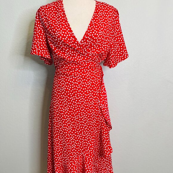 Dresses & Skirts - Red White Floral Flutter Sleeve Flowy Cottagecore Full Wrap Midi Dress | Large